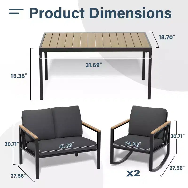 Ensemble de conversation d'extérieur 4 pièces en métal avec coussins, 2 chaises à bascule et table basse