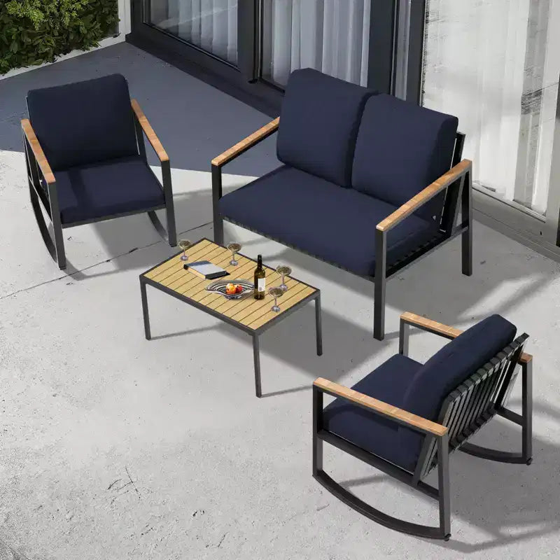 Ensemble de conversation d'extérieur 4 pièces en métal avec coussins, 2 chaises à bascule et table basse