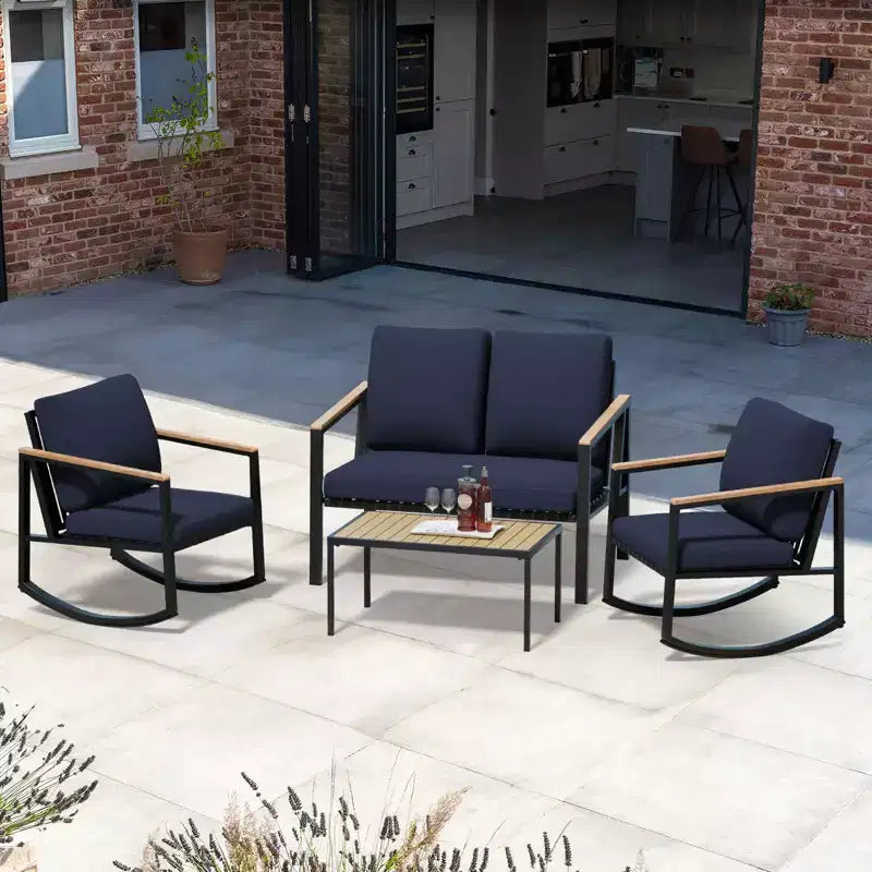 Ensemble de conversation d'extérieur 4 pièces en métal avec coussins, 2 chaises à bascule et table basse