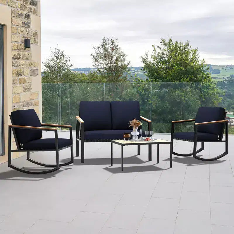 Ensemble de conversation d'extérieur 4 pièces en métal avec coussins, 2 chaises à bascule et table basse