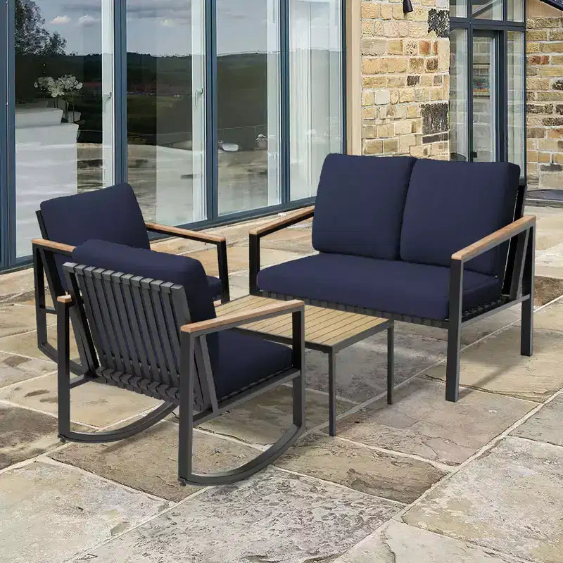 Ensemble de conversation d'extérieur 4 pièces en métal avec coussins, 2 chaises à bascule et table basse
