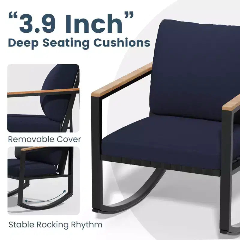 Ensemble de conversation d'extérieur 4 pièces en métal avec coussins, 2 chaises à bascule et table basse