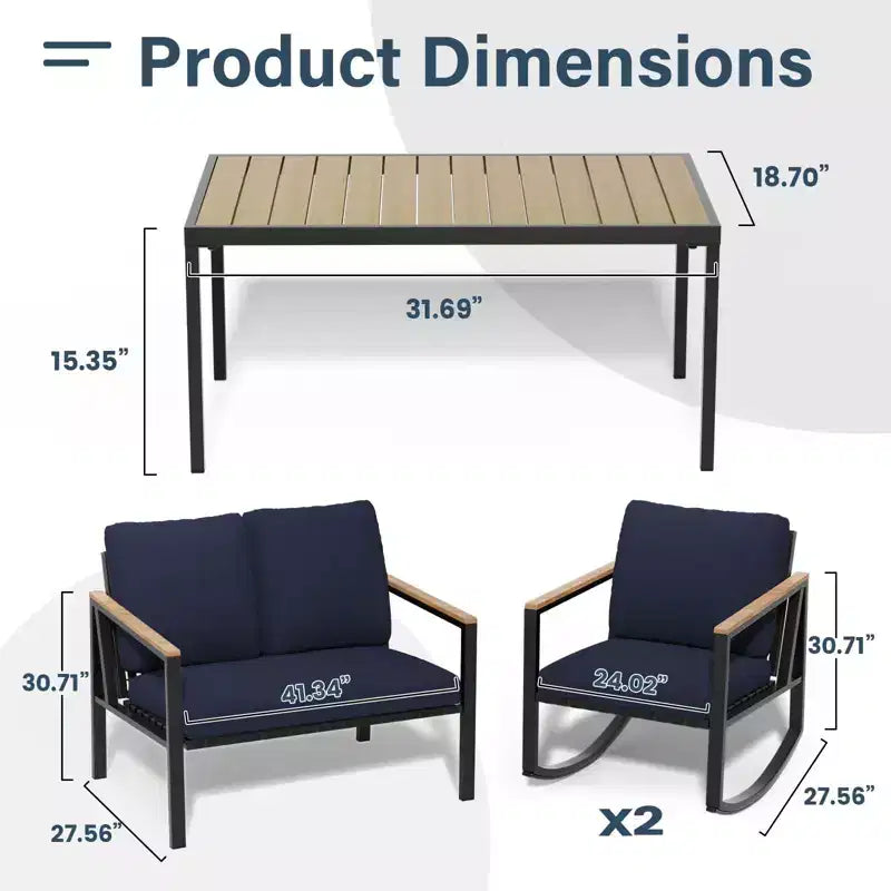 Ensemble de conversation d'extérieur 4 pièces en métal avec coussins, 2 chaises à bascule et table basse