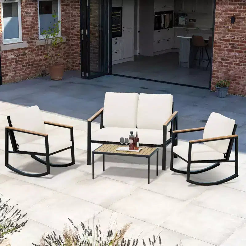 Ensemble de conversation d'extérieur 4 pièces en métal avec coussins, 2 chaises à bascule et table basse