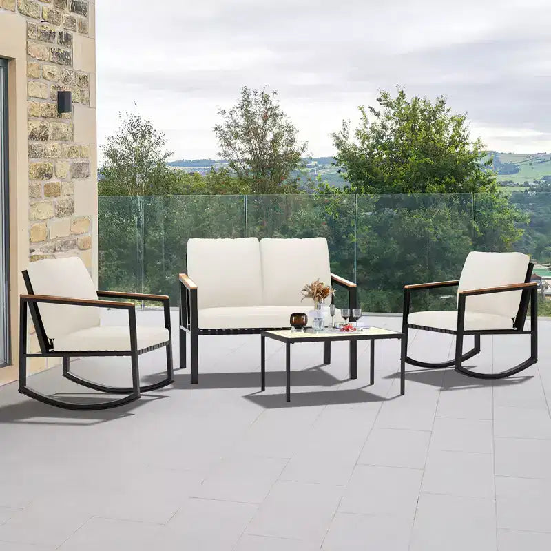 Ensemble de conversation d'extérieur 4 pièces en métal avec coussins, 2 chaises à bascule et table basse