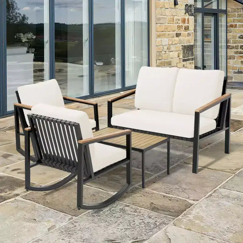 Ensemble de conversation d'extérieur 4 pièces en métal avec coussins, 2 chaises à bascule et table basse