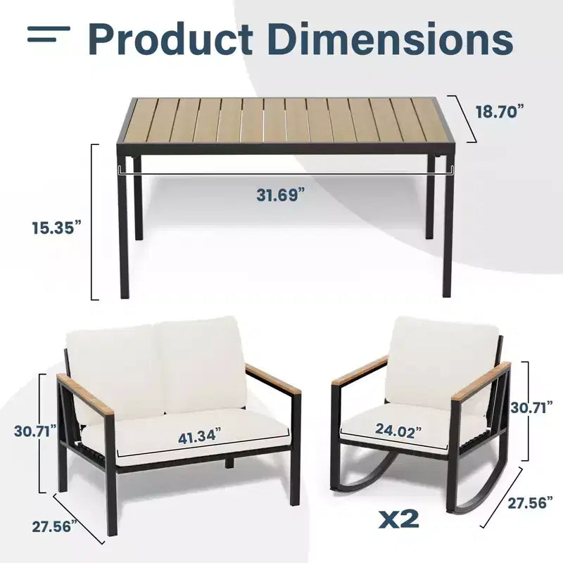 Ensemble de conversation d'extérieur 4 pièces en métal avec coussins, 2 chaises à bascule et table basse