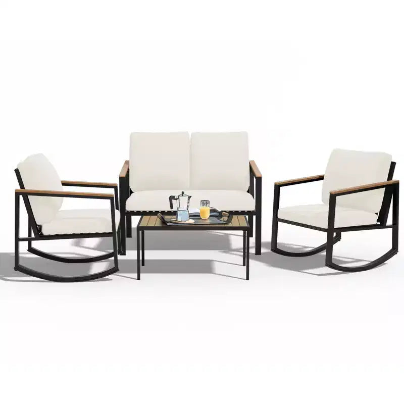 Ensemble de conversation d'extérieur 4 pièces en métal avec coussins, 2 chaises à bascule et table basse