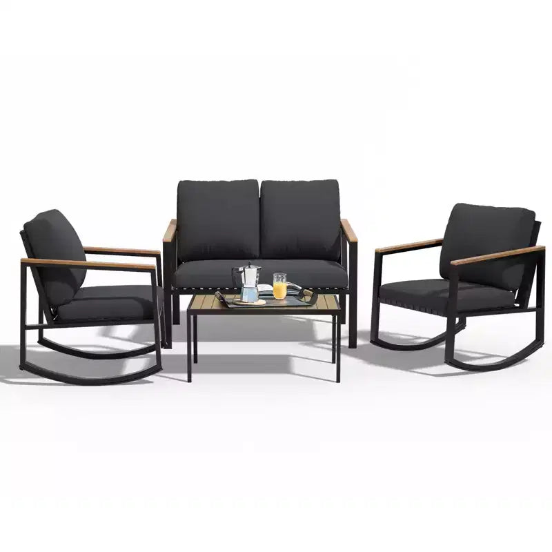 Ensemble de conversation d'extérieur 4 pièces en métal avec coussins, 2 chaises à bascule et table basse