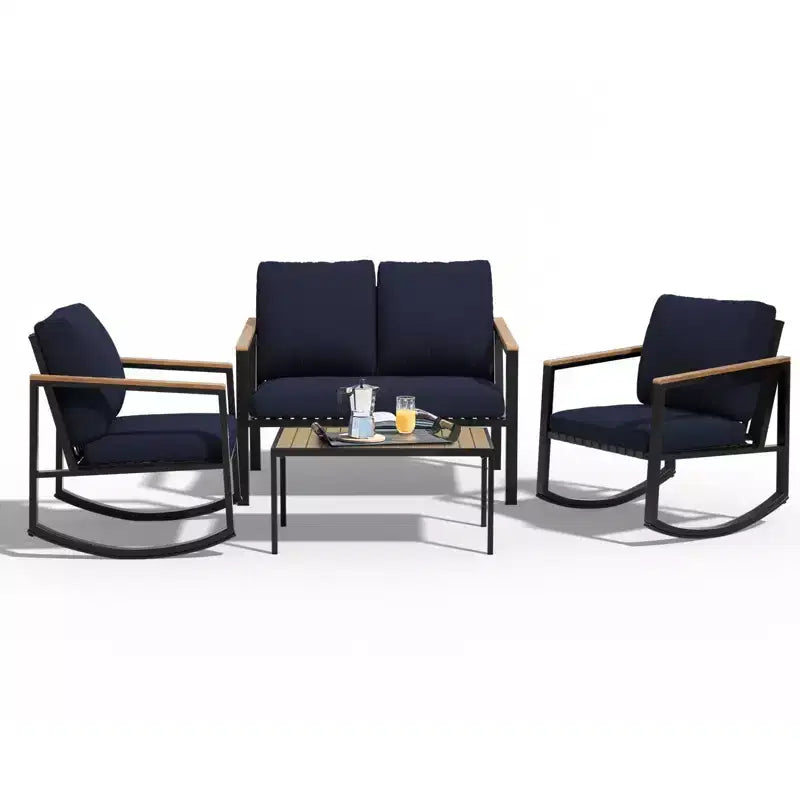 Ensemble de conversation d'extérieur 4 pièces en métal avec coussins, 2 chaises à bascule et table basse