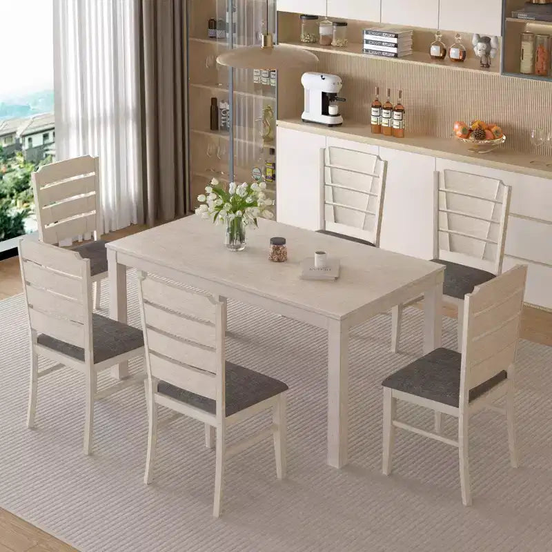 Ensemble de salle à manger 7 pièces de style rustique VECELO pour 6 personnes, table en bois d'hévéa avec 6 chaises de salle à manger rembourrées, gris