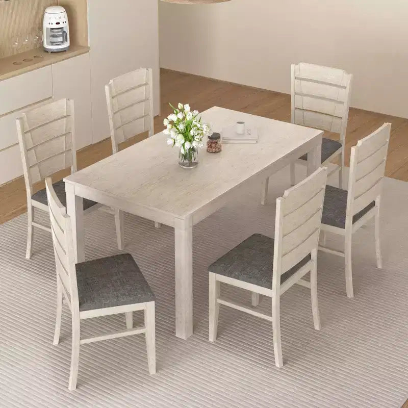 Ensemble de salle à manger 7 pièces de style rustique VECELO pour 6 personnes, table en bois d'hévéa avec 6 chaises de salle à manger rembourrées, gris
