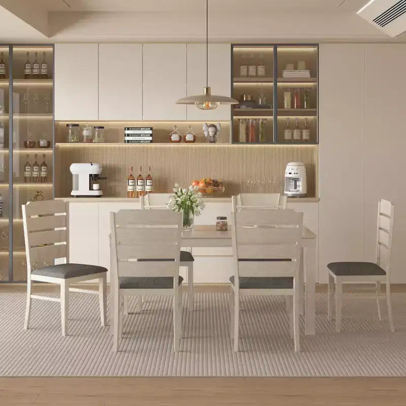 Ensemble de salle à manger 7 pièces de style rustique VECELO pour 6 personnes, table en bois d'hévéa avec 6 chaises de salle à manger rembourrées, gris