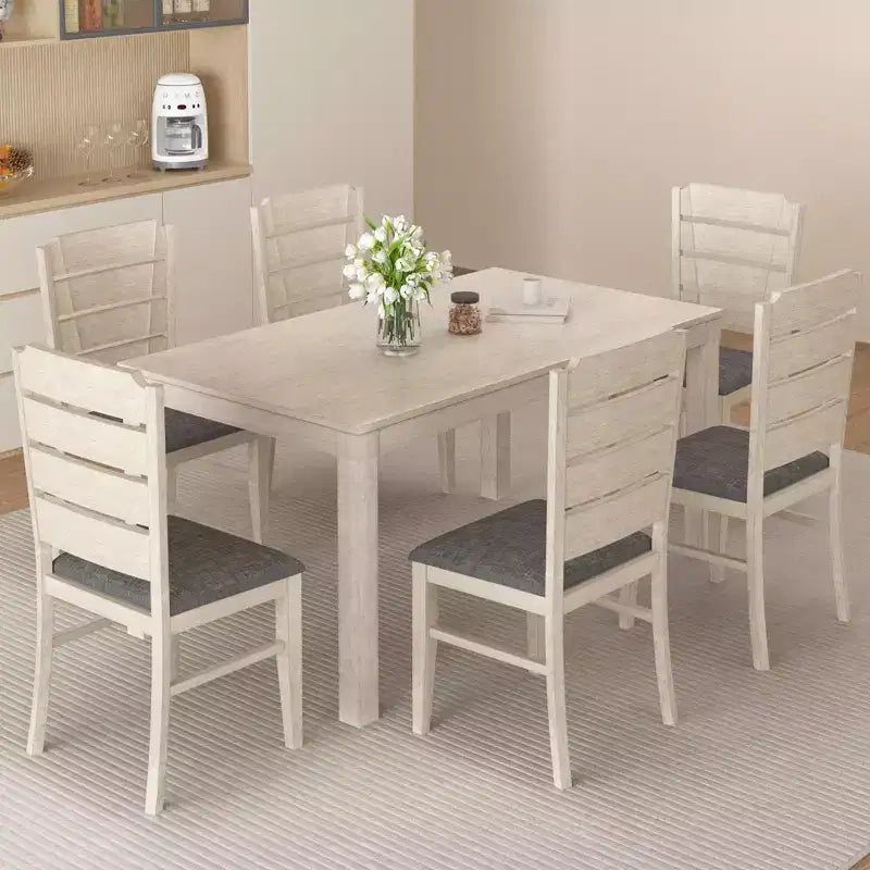 Ensemble de salle à manger 7 pièces de style rustique VECELO pour 6 personnes, table en bois d'hévéa avec 6 chaises de salle à manger rembourrées, gris