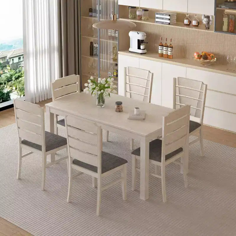 Ensemble de salle à manger 7 pièces de style rustique VECELO pour 6 personnes, table en bois d'hévéa avec 6 chaises de salle à manger rembourrées, gris
