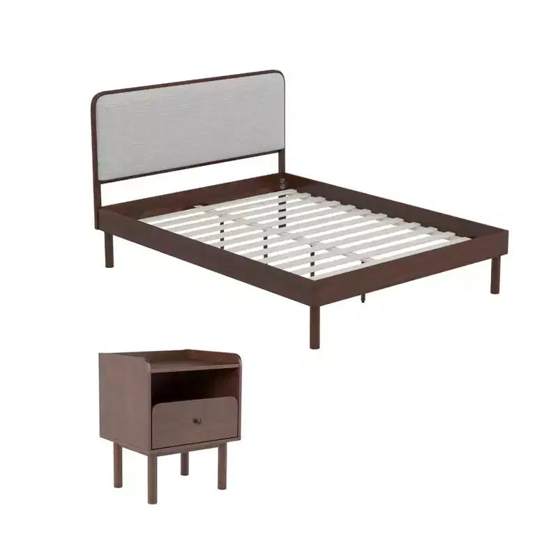 Ensemble de 2 meubles de chambre Roundhill Furniture Wyller, lit plateforme avec table de chevet, noyer naturel, grand lit