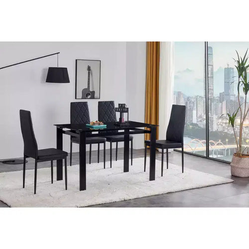 Ensemble de salle à manger 5/7 pièces, table de salle à manger avec chaises en PU et plateau en verre trempé, noir-ModernLuxe