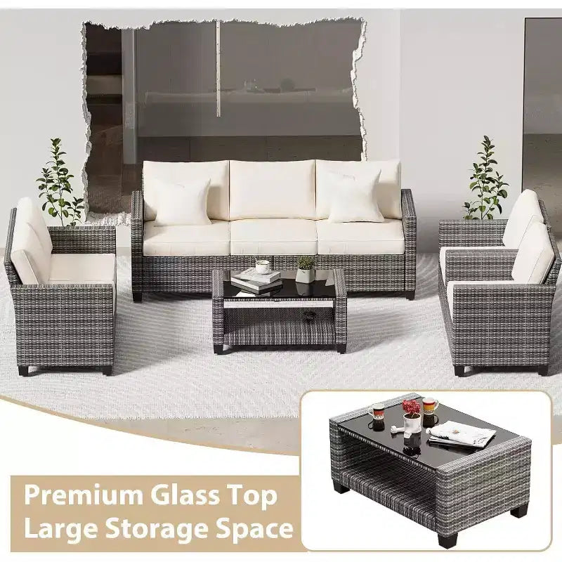 Ensemble de mobilier de patio 5 pièces Acekool avec rotin PE résistant aux intempéries, table en verre trempé, chaises coussinées pour véranda, balcon, cour arrière