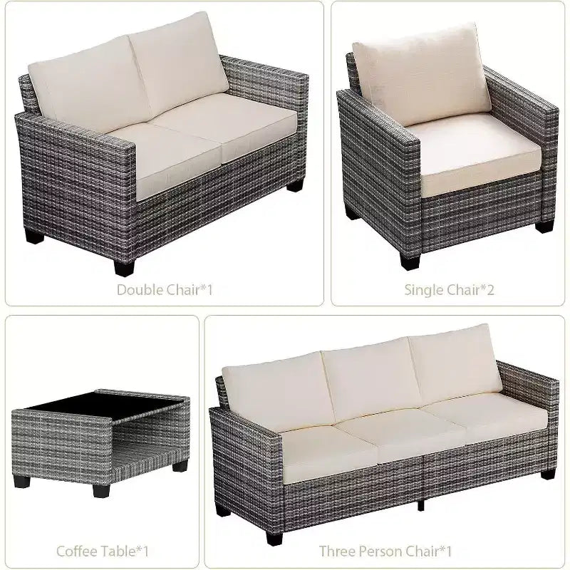 Ensemble de mobilier de patio 5 pièces Acekool avec rotin PE résistant aux intempéries, table en verre trempé, chaises coussinées pour véranda, balcon, cour arrière