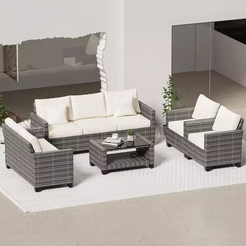 Ensemble de mobilier de patio 5 pièces Acekool avec rotin PE résistant aux intempéries, table en verre trempé, chaises coussinées pour véranda, balcon, cour arrière