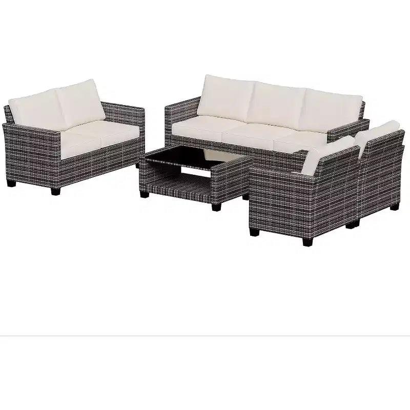 Ensemble de mobilier de patio 5 pièces Acekool avec rotin PE résistant aux intempéries, table en verre trempé, chaises coussinées pour véranda, balcon, cour arrière