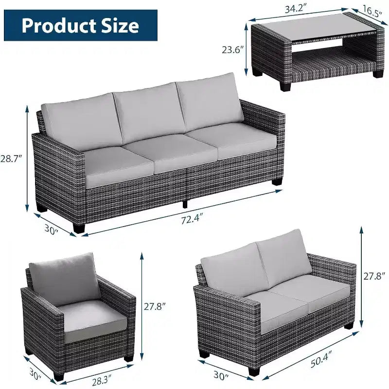 Ensemble de mobilier de patio 5 pièces Acekool avec rotin PE résistant aux intempéries, table en verre trempé, chaises coussinées pour véranda, balcon, cour arrière