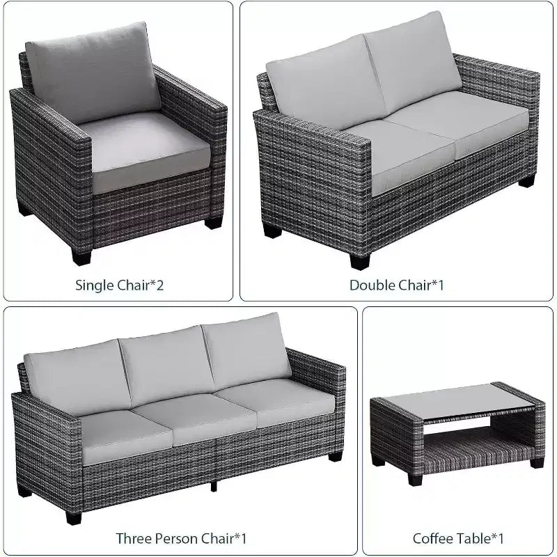Ensemble de mobilier de patio 5 pièces Acekool avec rotin PE résistant aux intempéries, table en verre trempé, chaises coussinées pour véranda, balcon, cour arrière