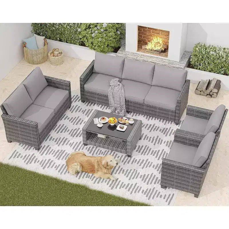 Ensemble de mobilier de patio 5 pièces Acekool avec rotin PE résistant aux intempéries, table en verre trempé, chaises coussinées pour véranda, balcon, cour arrière