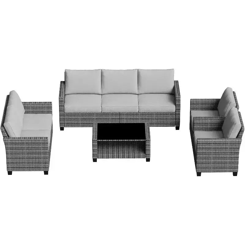 Ensemble de mobilier de patio 5 pièces Acekool avec rotin PE résistant aux intempéries, table en verre trempé, chaises coussinées pour véranda, balcon, cour arrière