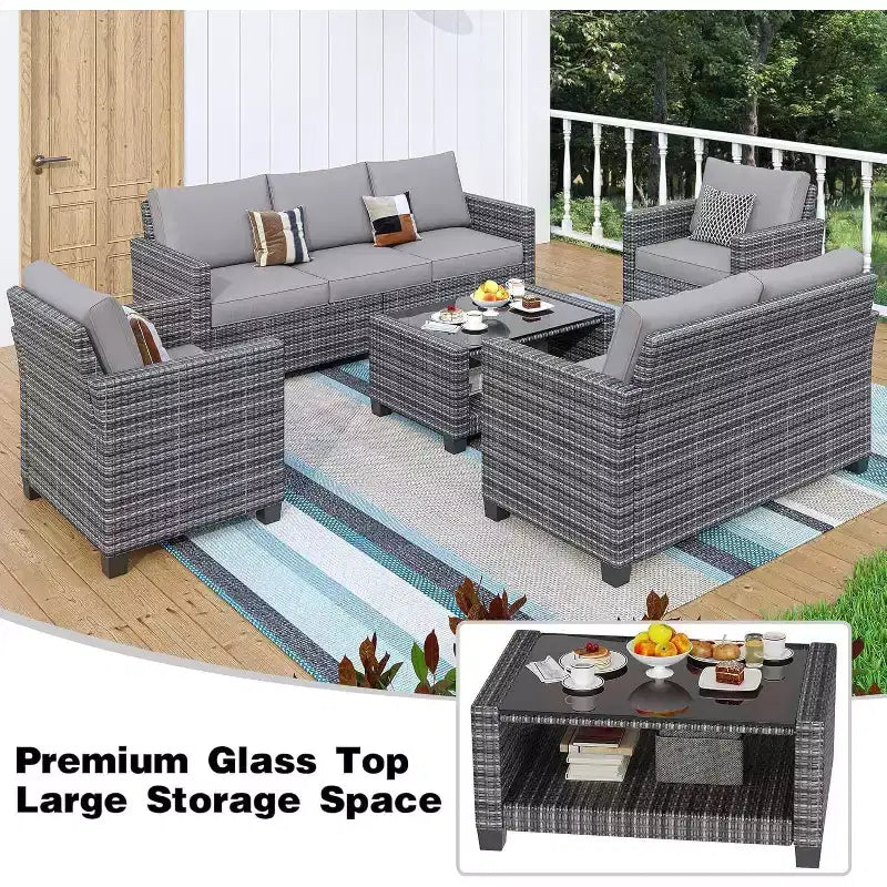 Ensemble de mobilier de patio 5 pièces Acekool avec rotin PE résistant aux intempéries, table en verre trempé, chaises coussinées pour véranda, balcon, cour arrière