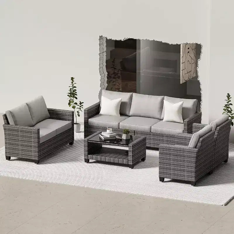 Acekool 5-Piece Outdoor Patio Furniture Set with Weather-Resistant PE Rattan, Tempered Glass Table, Cushioned Chairs for Porch, Balcony, Backyard