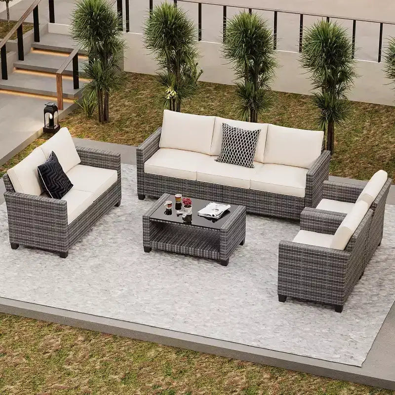 Ensemble de mobilier de patio 5 pièces Acekool avec rotin PE résistant aux intempéries, table en verre trempé, chaises coussinées pour véranda, balcon, cour arrière