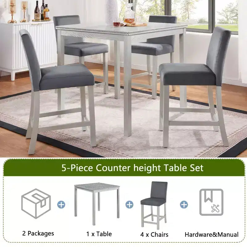 Ensemble de table à hauteur de comptoir 5 pièces avec table carrée et 4 chaises rembourrées, table à manger à hauteur de comptoir avec décoration en cristal et ensemble de chaises