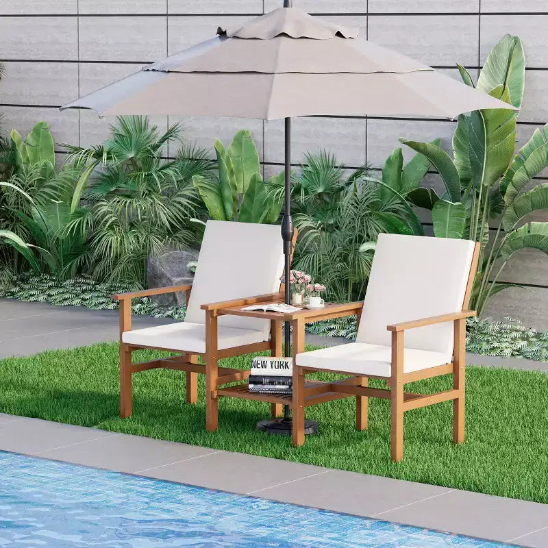 EROMMY Acacia Wood Loveseat With Table, 3 Pieces Patio Furniture Set, Outdoor Patio Loveseat With Coffee Table