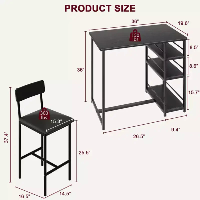 Ensemble table de salle à manger avec étagères de rangement, ensemble table de bar avec chaises en éponge de cuir noir durables, table de bar et deux sièges pour 2 à 4 personnes