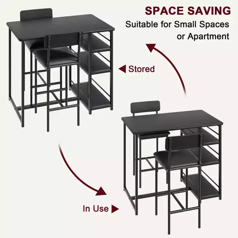 Ensemble table de salle à manger avec étagères de rangement, ensemble table de bar avec chaises en éponge de cuir noir durables, table de bar et deux sièges pour 2 à 4 personnes