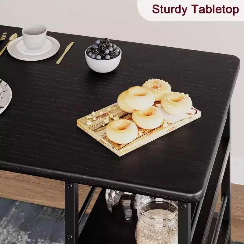 Ensemble table de salle à manger avec étagères de rangement, ensemble table de bar avec chaises en éponge de cuir noir durables, table de bar et deux sièges pour 2 à 4 personnes