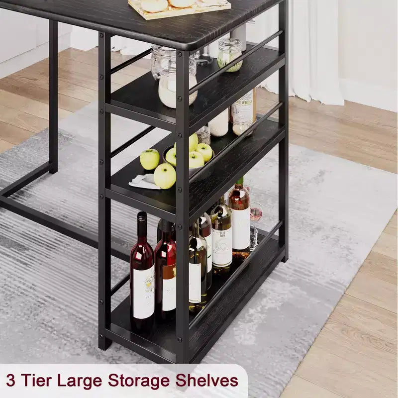 Ensemble table de salle à manger avec étagères de rangement, ensemble table de bar avec chaises en éponge de cuir noir durables, table de bar et deux sièges pour 2 à 4 personnes