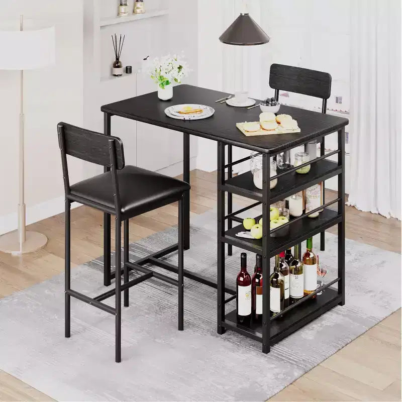Ensemble table de salle à manger avec étagères de rangement, ensemble table de bar avec chaises en éponge de cuir noir durables, table de bar et deux sièges pour 2 à 4 personnes