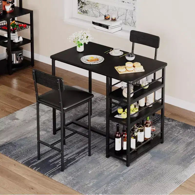 Ensemble table de salle à manger avec étagères de rangement, ensemble table de bar avec chaises en éponge de cuir noir durables, table de bar et deux sièges pour 2 à 4 personnes