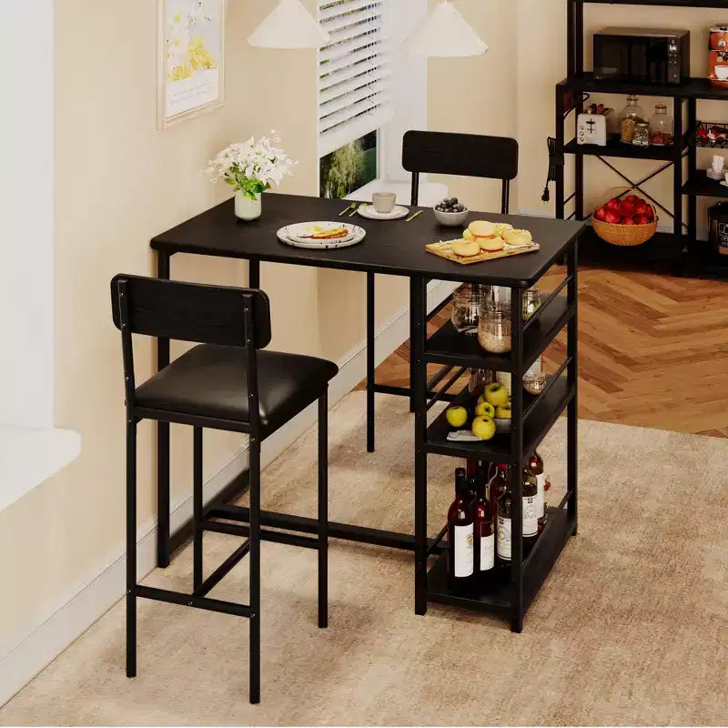 Ensemble table de salle à manger avec étagères de rangement, ensemble table de bar avec chaises en éponge de cuir noir durables, table de bar et deux sièges pour 2 à 4 personnes