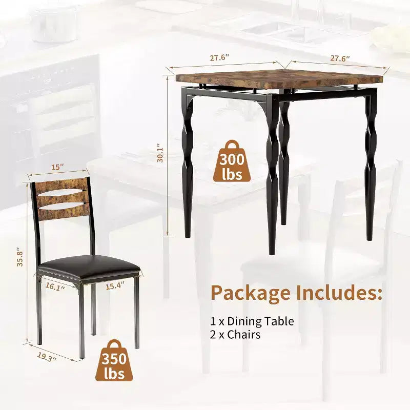 Ensemble de salle à manger 3 pièces, ensemble table à manger pour 2, pieds de table en spirale, ensemble table de cuisine de style industriel, pour petits espaces, cuisine, appartement