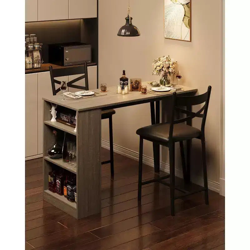 Ensemble de table de bar 3 pièces pour 2 personnes, ensemble table et chaises de bar avec rallonge à plateau rabattable, ensemble table à manger avec étagères de rangement