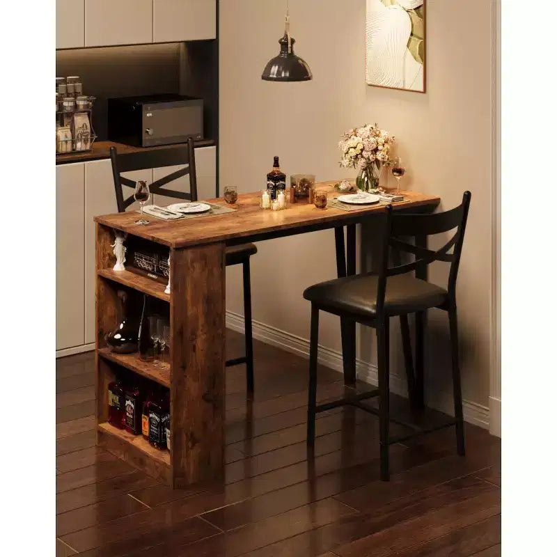 Ensemble de table de bar 3 pièces pour 2 personnes, ensemble table et chaises de bar avec rallonge à plateau rabattable, ensemble table à manger avec étagères de rangement