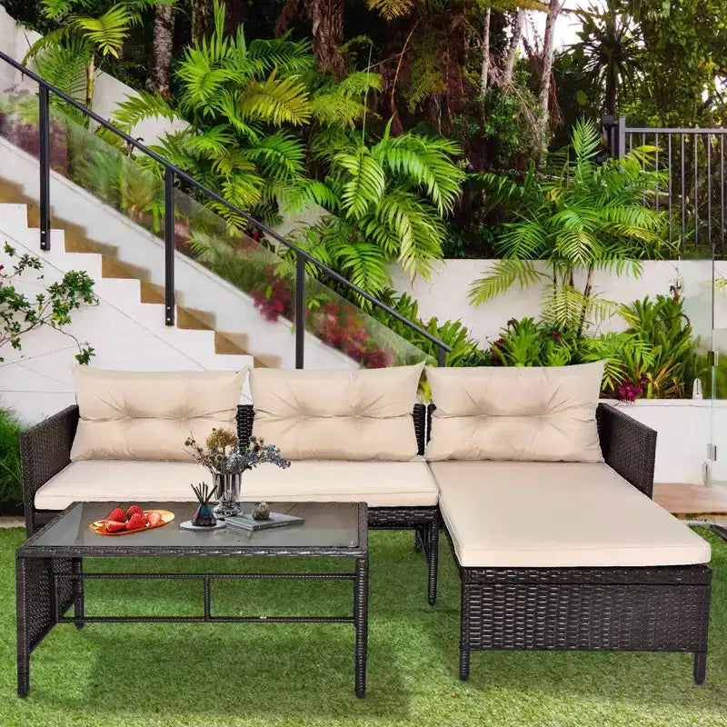 Ensemble de canapé d'angle d'extérieur en osier marron Karl Home avec coussins beiges