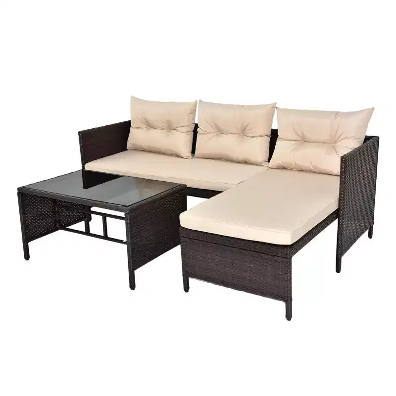 Ensemble de canapé d'angle d'extérieur en osier marron Karl Home avec coussins beiges