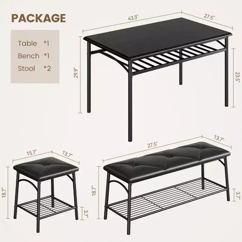 Ensemble de 4 pièces rectangulaire pour cuisine, avec 1 banc rembourré et 2 tabourets carrés