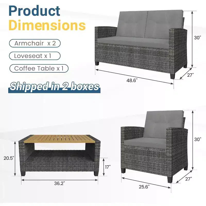 Heynemo Ensemble de mobilier de patio 4 pièces, salons de conversation de patio en osier tout temps avec table basse à 2 niveaux, canapé d'extérieur