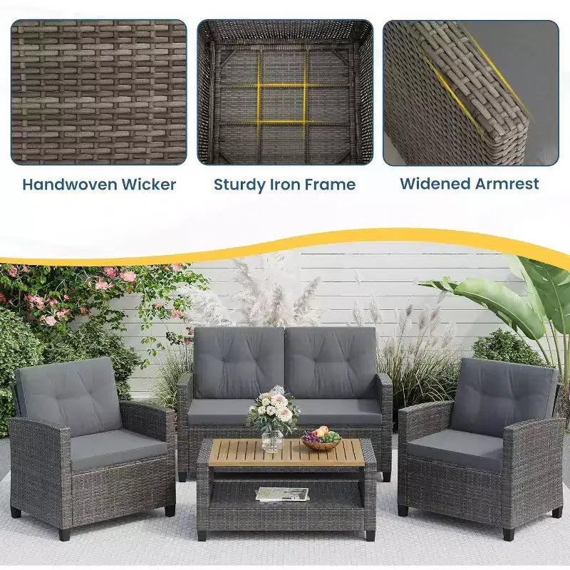 Heynemo Ensemble de mobilier de patio 4 pièces, salons de conversation de patio en osier tout temps avec table basse à 2 niveaux, canapé d'extérieur