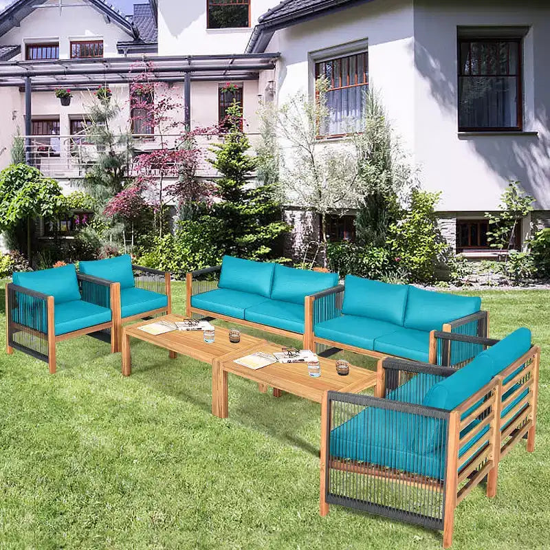 Costway Ensemble de Meubles d'extérieur 4 pièces en Bois avec Coussins Rouge et Blanc/Turquoise